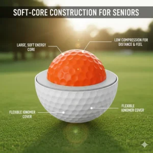 Cross-section illustration of a 2-piece golf ball with a soft energy core for senior golfers.