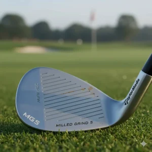 Detailed view of the TaylorMade MG5 Milled Grind 5 sole and raw face technology for maximum greenside spin.
