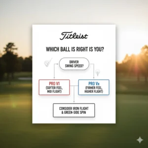 Decision flowchart helping golfers choose between Pro V1 and Pro V1x based on swing speed and launch preference.