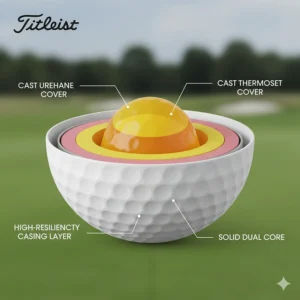 Cross-section view of the multi-component construction and solid core of a Titleist Pro V1 golf ball.