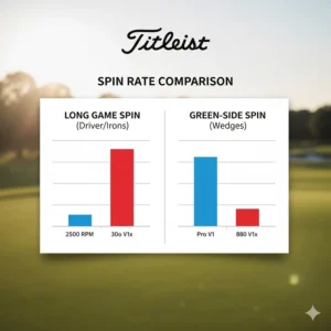 Infographic showing long game spin vs green-side spin differences for Pro V1 and Pro V1x models.