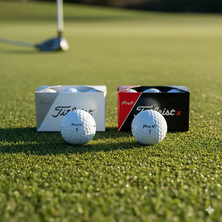 Side-by-side comparison of the Titleist Pro V1 and Pro V1x golf balls showing box packaging and ball design. titleist pro v1 vs pro v1x