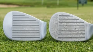 Close-up of Vokey SM9 spin milled grooves and Cleveland RTX HydraZip face texture for moisture control.