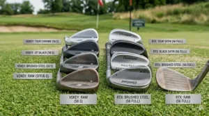 Various finish options for Vokey SM9 and Cleveland RTX including Tour Chrome, Brushed Steel, and Black Satin.