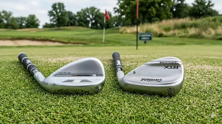 ide-by-side comparison of Titleist Vokey SM9 and Cleveland RTX 6 ZipCore wedges showing back-cavity branding and finishes. vokey sm9 vs cleveland rtx