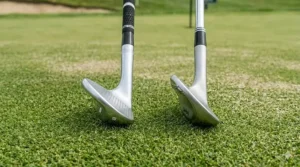 Top-down view of Vokey SM9 and Cleveland RTX wedges at address, comparing head shape and top-line thickness.