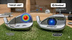 Technical diagram showing forward CG in Vokey SM9 versus the ZipCore weight distribution in the Cleveland RTX.