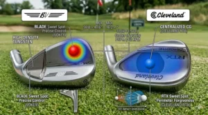 Illustration highlighting the perimeter weighting and forgiveness zones of the Cleveland RTX vs the Vokey SM9 blade