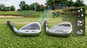 Launch monitor graphic showing the lower, controlled trajectory of Vokey SM9 vs Cleveland RTX wedges.