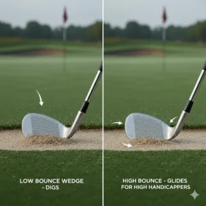 Illustration explaining how high bounce angles help high handicappers glide through sand and thick grass more easily.