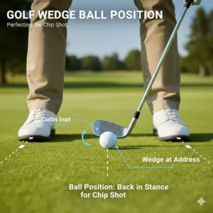 Top-down view showing the correct golf ball position for a basic chip shot using a beginner wedge.