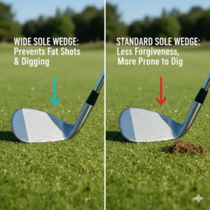 A visual showing why a wide sole is often the best wedge design for beginners to prevent fat shots.