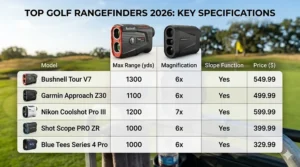 Detailed comparison chart of 2026 golf rangefinders showing range, magnification, and pricing for Bushnell, Garmin, and Shot Scope.
