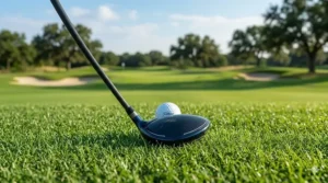 Top-down view of a 5 wood at address, showing the club head alignment behind a golf ball.