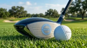 Close-up of a 5 wood club face showing the sweet spot and precision-milled grooves for spin control.