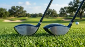 A side-by-side comparison of 5 wood loft versus 3 wood loft to show launch angle differences.