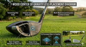 Technical diagram showing the low and deep center of gravity in a 7-wood clubhead for increased stability.