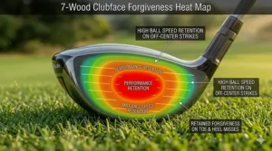 A heat map illustration on a 7-wood clubface demonstrating high ball speed retention on off-center strikes.