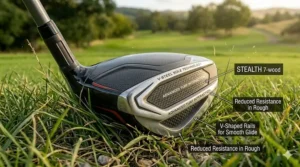 Illustration of a 7-wood club sole designed to glide through thick grass and various lies without twisting.