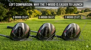 Illustration comparing the degrees of loft between a 3-wood, 5-wood, and 7-wood to show why the 7-wood is easier to launch.