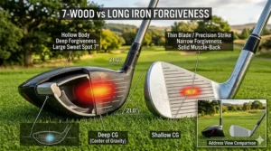 Illustration highlighting the larger sweet spot and perimeter weighting of a 7-wood versus a traditional 3-iron.