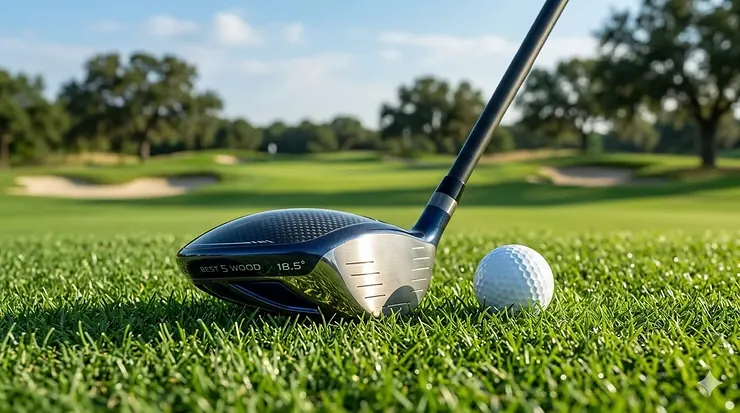 A professional close-up of the best 5 wood golf club for 2026, featuring a sleek carbon crown and aerodynamic design.