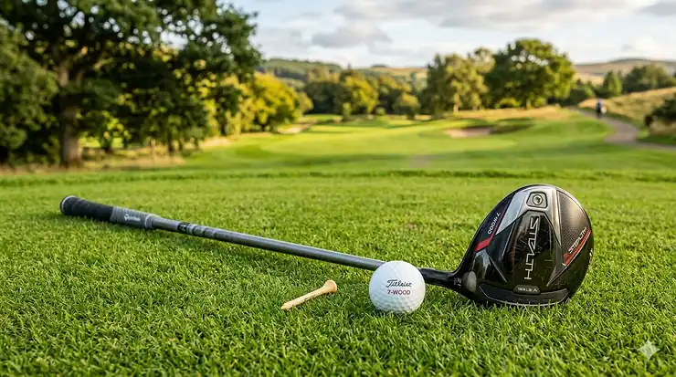 A premium 7-wood golf club resting on a grass fairway, showcasing the loft and clubhead design for high-launch shots. best 7 wood