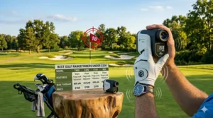 A comparison chart highlighting features of the best golf rangefinders under 200 compared to expensive 500 dollar models.