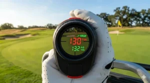Close-up of the Bushnell Tour V7 Shift display showing red and green yardage readings for slope-adjusted distances.