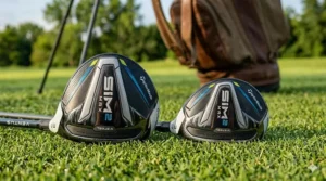 Comparison of a fairway wood's wide sole and a hybrid's versatile sole design for turf interaction.