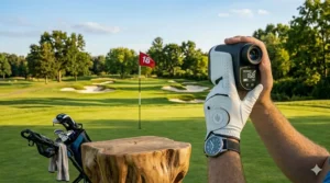 Illustration of a pocket-sized, lightweight golf rangefinder showing ergonomic grip and portable dimensions.