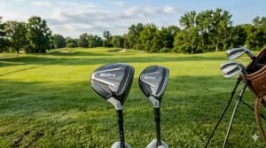 Overhead address view of a fairway wood and hybrid showing the difference in clubhead profile.
