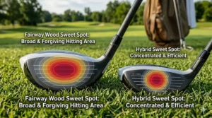 Graphic showing the larger sweet spot and forgiveness of a fairway wood face compared to a hybrid.