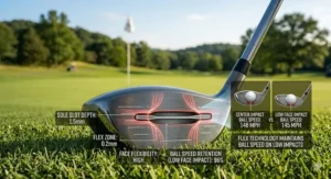 Close-up of a sole slot on a 3 wood designed to maintain ball speed on shots hit low on the face.