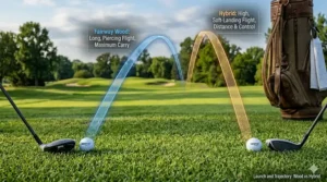 Trajectory chart comparing the high-launch flight of a hybrid versus the distance-optimized flight of a fairway wood.