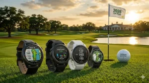 Garmin Approach S70 golf GPS watch showing a high-resolution AMOLED color course map with yardage markers.