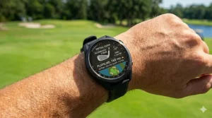 Illustration of the Garmin S70 virtual caddy interface suggesting a club based on wind and elevation.
