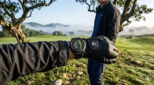 A rugged Garmin fenix 8 AMOLED watch in golf mode showing a high-resolution hole layout during an early morning round.