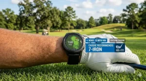 A golf watch interface displaying the virtual caddie feature suggesting a 7-iron based on wind speed and player data.