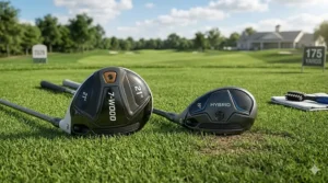 Comparison of a 2026 high-lofted 7-wood and a hybrid club, highlighting the trend toward easier-to-hit fairway woods.