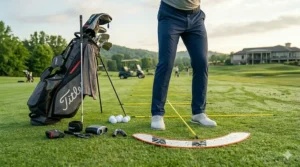 Brightly colored golf alignment sticks placed on the grass to guide a player's swing path and foot position.