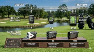 A price spectrum chart comparing the cost of entry-level golf GPS apps to premium laser rangefinders with slope.