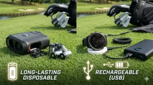 Graphic showing the difference between rechargeable golf GPS batteries and long-lasting rangefinder lithium batteries.