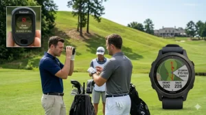 Illustration demonstrating how a golf GPS provides yardage on blind shots when the flagstick is not visible to a rangefinder.