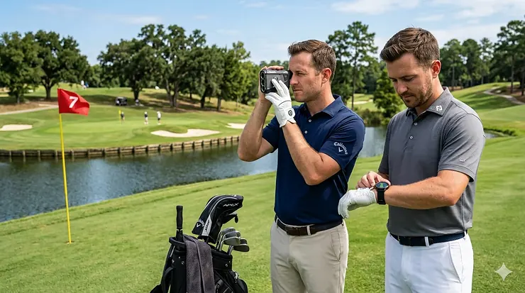 A side-by-side comparison of a golfer using a laser rangefinder and a handheld golf GPS device on a sunny fairway. golf gps vs rangefinder