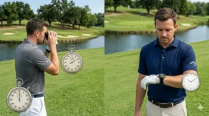 Comparison of the fast, glanceable yardage of a golf GPS watch versus the manual measurement process of a rangefinder.