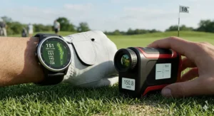 A side-by-side technical comparison of a golf GPS watch and a laser rangefinder on a green, highlighting pinpoint yardage accuracy.