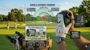 A diagram showing 6x magnification and yardage accuracy for a budget golf rangefinder up to 800 yards.