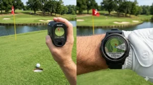 Illustration comparing the pinpoint laser accuracy of a rangefinder to the yardage zones provided by a golf GPS.