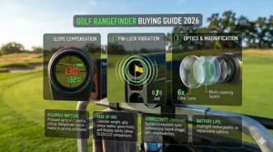 Buying guide infographic explaining key 2026 golf rangefinder features like slope compensation, flag-lock vibration, and optics.